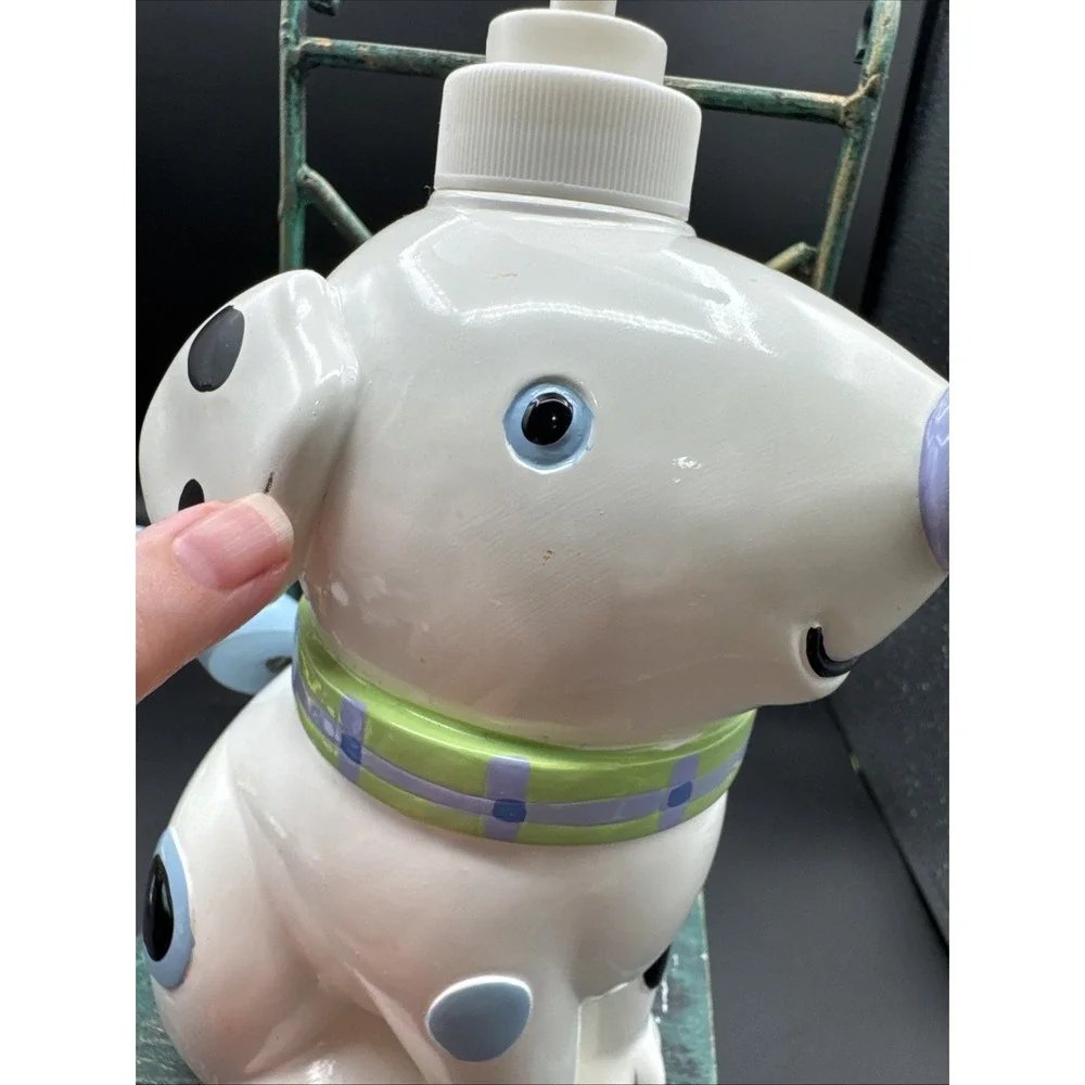 Vintage 90's Jenny Jeff Dog Soap Lotion Pump Dispenser Spotted Dog Blue White